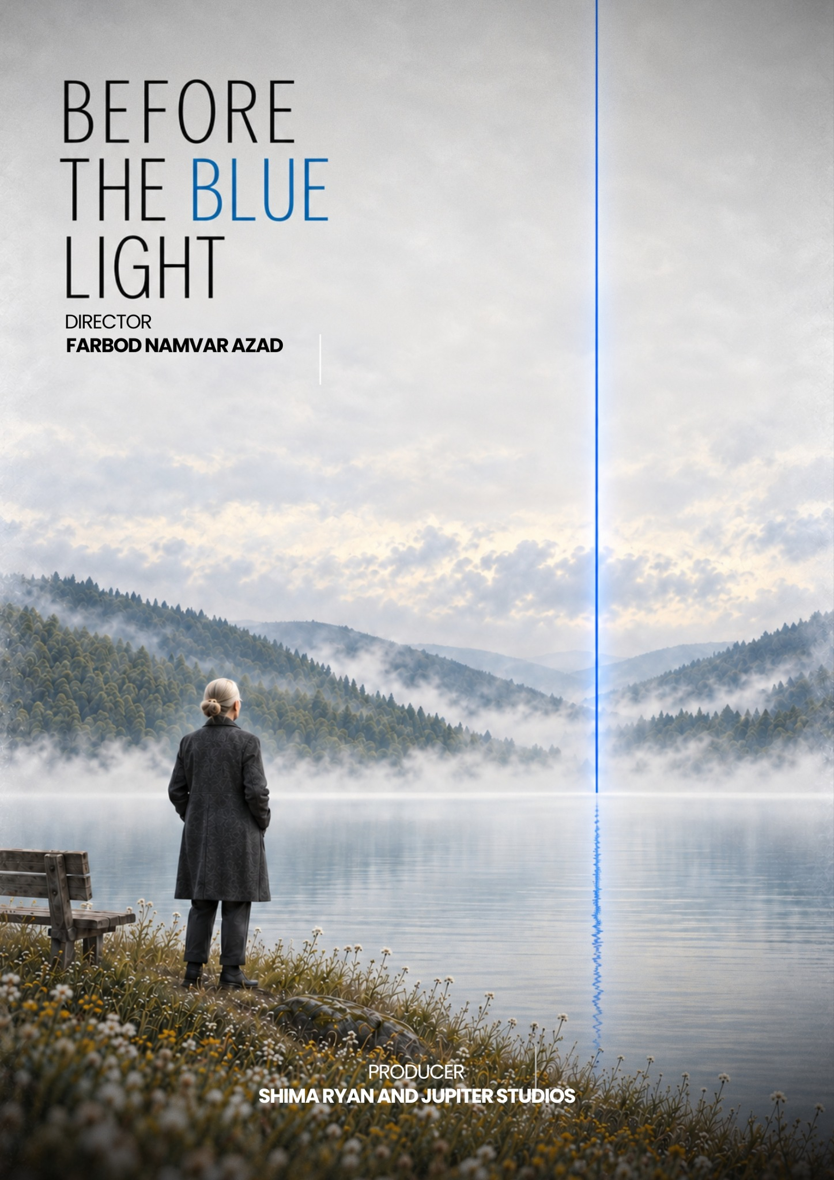 Before the Blue Light film poster: a woman beside a lake beneath a vertical blue light