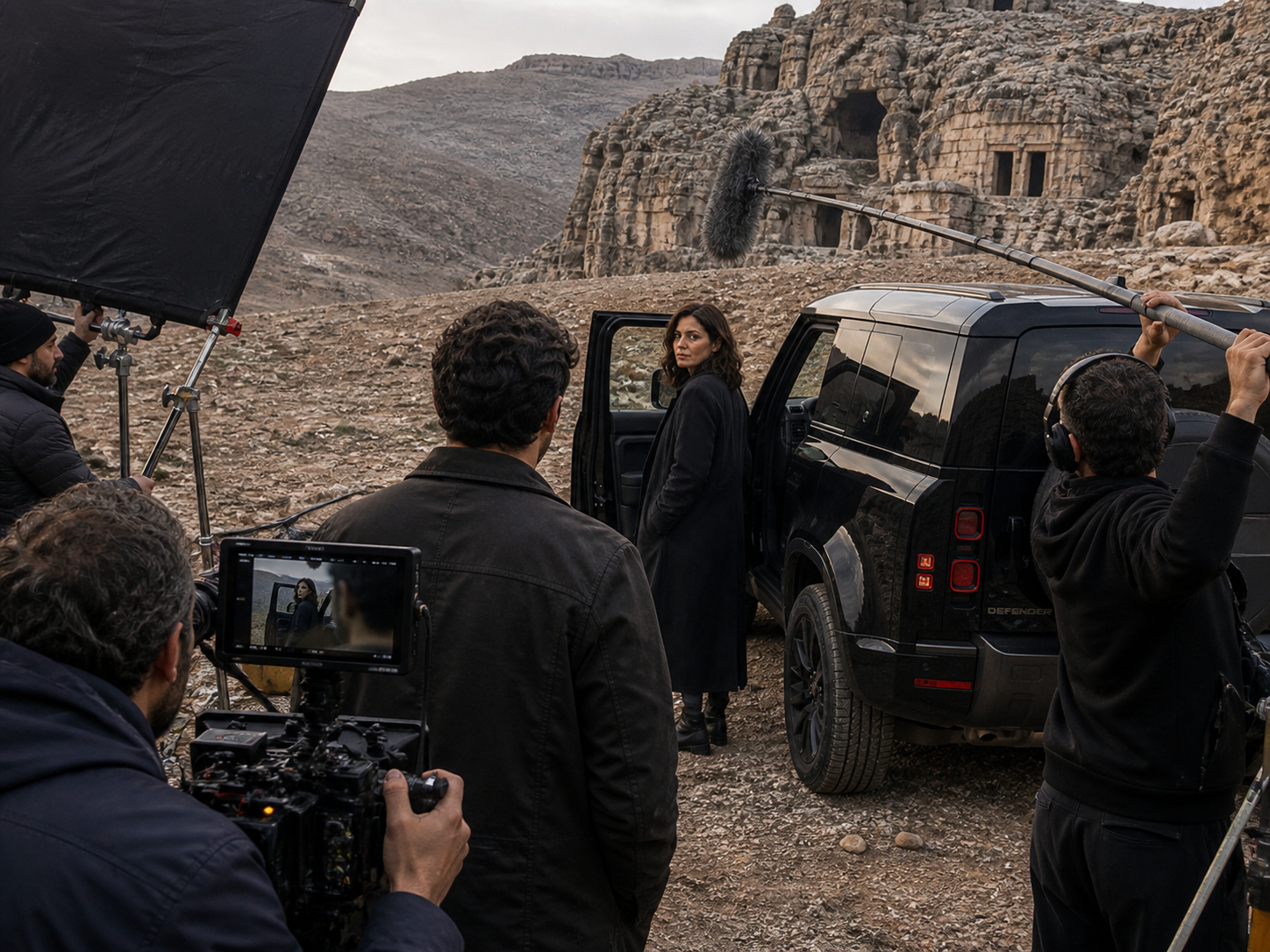 Film crew working on a cinematic production in the desert